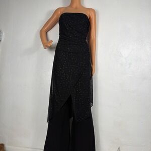 Vintage 90s/Y2K Black / Silver Strapless Wide Flare‎ Leg Jumpsuit Mesh Overlay S